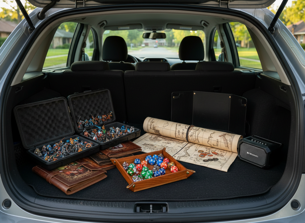 A vibrant mobile D&D game setup arranged in the back of an open hatchback car, transformed into a portable adventure station. A collapsible wooden dice tray, neatly stacked character folios, a rolled battle map, and foam-lined cases filled with painted miniatures are carefully laid out on a dark felt surface. Nearby, a compact speaker, portable DM screen, and laminated initiative tracker suggest readiness for travel. Late afternoon natural light filters into the vehicle, creating soft highlights on the dice and metallic mini figures. Background shows an out-of-focus suburban street and trees. Photographic realism, shot from a slightly elevated angle, balancing sharp detail in the foreground with a gentle blur behind. The atmosphere feels adventurous, organized, and playful, emphasizing the mobility of the D&D services.