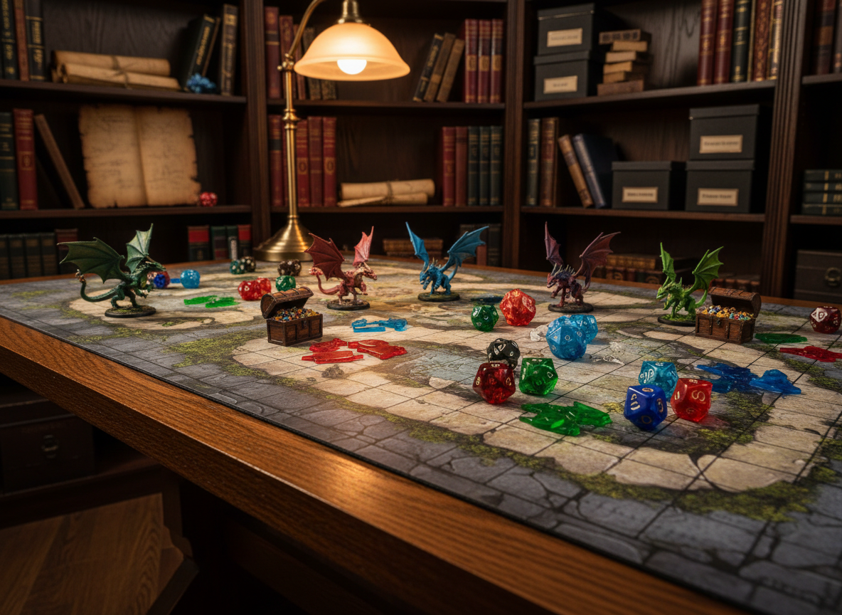 A richly detailed Dungeons & Dragons tabletop scene displayed on a sturdy wooden gaming table, covered in a battlemat with a winding dungeon corridor, colorful polyhedral dice, miniature dragons, treasure chests, and spell effect tokens neatly arranged. Behind the table, shelves are stacked with well-worn rulebooks, folded maps, and organized storage boxes labeled for campaigns and adventures. Soft, warm overhead lighting and a subtle golden desk lamp create gentle highlights on the glossy dice and miniatures, casting playful shadows across the grid. Photographic realism, eye-level composition with a slight angle, sharp focus on the table and a soft bokeh background. The mood is inviting, playful, and full of imaginative potential, perfect for showcasing a D&D-focused business.