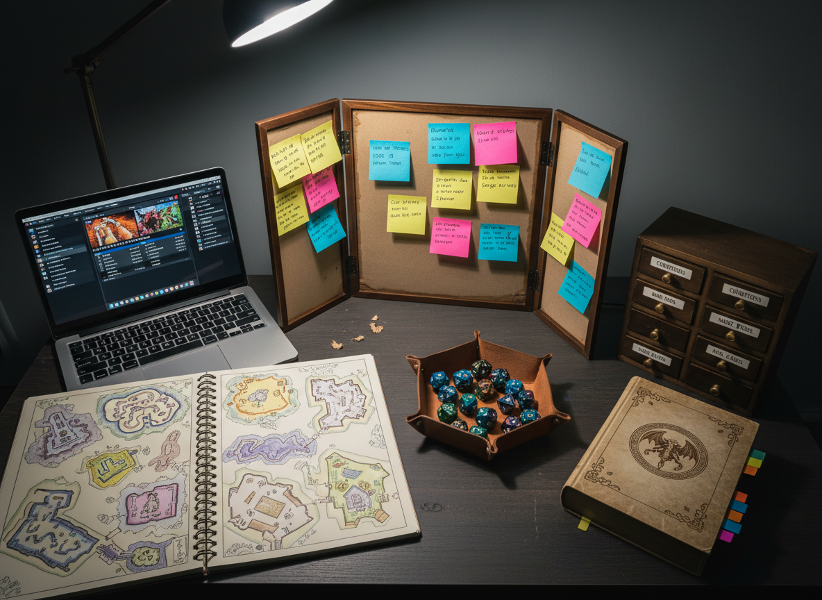 A focused scene of a Dungeon Master’s prep station for a private game, set on a well-organized desk with a folding wooden DM screen covered in sticky notes, a spiral notebook filled with handwritten dungeon maps, and a laptop open to a digital encounter builder. A cluster of resin dice rests in a padded tray beside a closed rulebook marked with color-coded tabs. Small storage drawers labeled for conditions, magic items, and NPC cards sit neatly to the side. Cool, diffused desk-lamp lighting combines with soft ambient room light, creating gentle shadows and a calm, studious glow. Photographic realism, top-down three-quarter angle with clear detail on all elements. The mood is focused, creative, and professional, highlighting behind-the-scenes preparation for high-quality D&D sessions.
