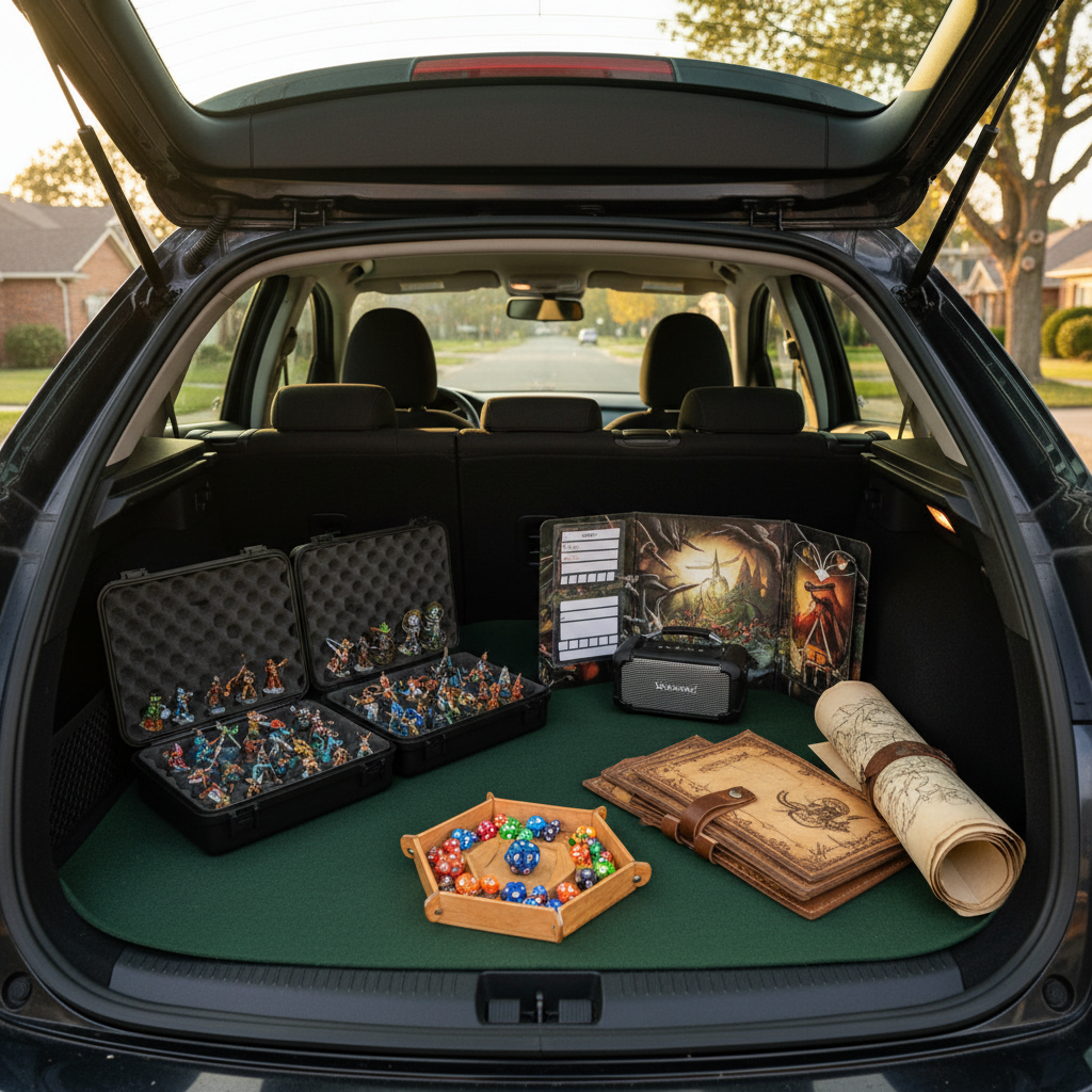 A vibrant mobile D&D game setup arranged in the back of an open hatchback car, transformed into a portable adventure station. A collapsible wooden dice tray, neatly stacked character folios, a rolled battle map, and foam-lined cases filled with painted miniatures are carefully laid out on a dark felt surface. Nearby, a compact speaker, portable DM screen, and laminated initiative tracker suggest readiness for travel. Late afternoon natural light filters into the vehicle, creating soft highlights on the dice and metallic mini figures. Background shows an out-of-focus suburban street and trees. Photographic realism, shot from a slightly elevated angle, balancing sharp detail in the foreground with a gentle blur behind. The atmosphere feels adventurous, organized, and playful, emphasizing the mobility of the D&D services.
