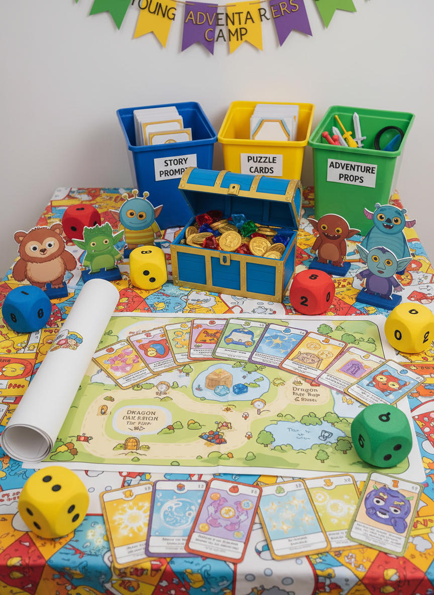 A whimsical D&D kids’ camp display arranged on a bright, colorful tabletop, featuring oversized foam polyhedral dice, simplified monster standees, illustrated spell cards with friendly artwork, and a cartoon-style dungeon map printed on thick, glossy paper. A sturdy plastic treasure chest overflowing with fake gold coins and shiny plastic gems sits at the center. The background includes labeled bins for story prompts, puzzle cards, and adventure props, all neatly organized. Soft, even studio lighting creates minimal shadows and brings out the vivid colors. Photographic realism with a slight wide-angle view, capturing the full spread in sharp focus. The mood is energetic, playful, and approachable, clearly aimed at younger adventurers participating in camps and beginner programs.