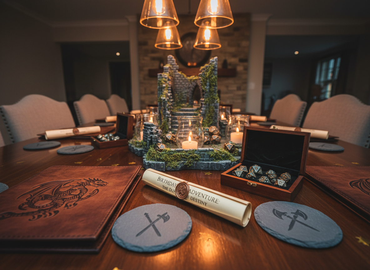 An elegant D&D birthday party table setting arranged on a long, dark wood dining table, styled for a private game event. At each place sits a leather-textured character folder, a set of coordinated metal dice in velvet-lined boxes, thematic coasters with class symbols, and custom-printed adventure invitations. In the center, a raised terrain piece shows a miniature castle ruin surrounded by tea-light candles in safe glass holders, giving a warm flickering glow across the scene. Overhead pendant lights add soft, golden illumination and subtle reflections on the metallic dice. Photographic realism, shot from one end of the table with a shallow depth of field, leading the eye toward the centerpiece. The atmosphere is celebratory, cozy, and slightly dramatic, ideal for showcasing D&D party services without any people present.