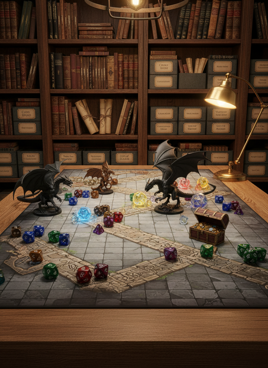 A richly detailed Dungeons & Dragons tabletop scene displayed on a sturdy wooden gaming table, covered in a battlemat with a winding dungeon corridor, colorful polyhedral dice, miniature dragons, treasure chests, and spell effect tokens neatly arranged. Behind the table, shelves are stacked with well-worn rulebooks, folded maps, and organized storage boxes labeled for campaigns and adventures. Soft, warm overhead lighting and a subtle golden desk lamp create gentle highlights on the glossy dice and miniatures, casting playful shadows across the grid. Photographic realism, eye-level composition with a slight angle, sharp focus on the table and a soft bokeh background. The mood is inviting, playful, and full of imaginative potential, perfect for showcasing a D&D-focused business.