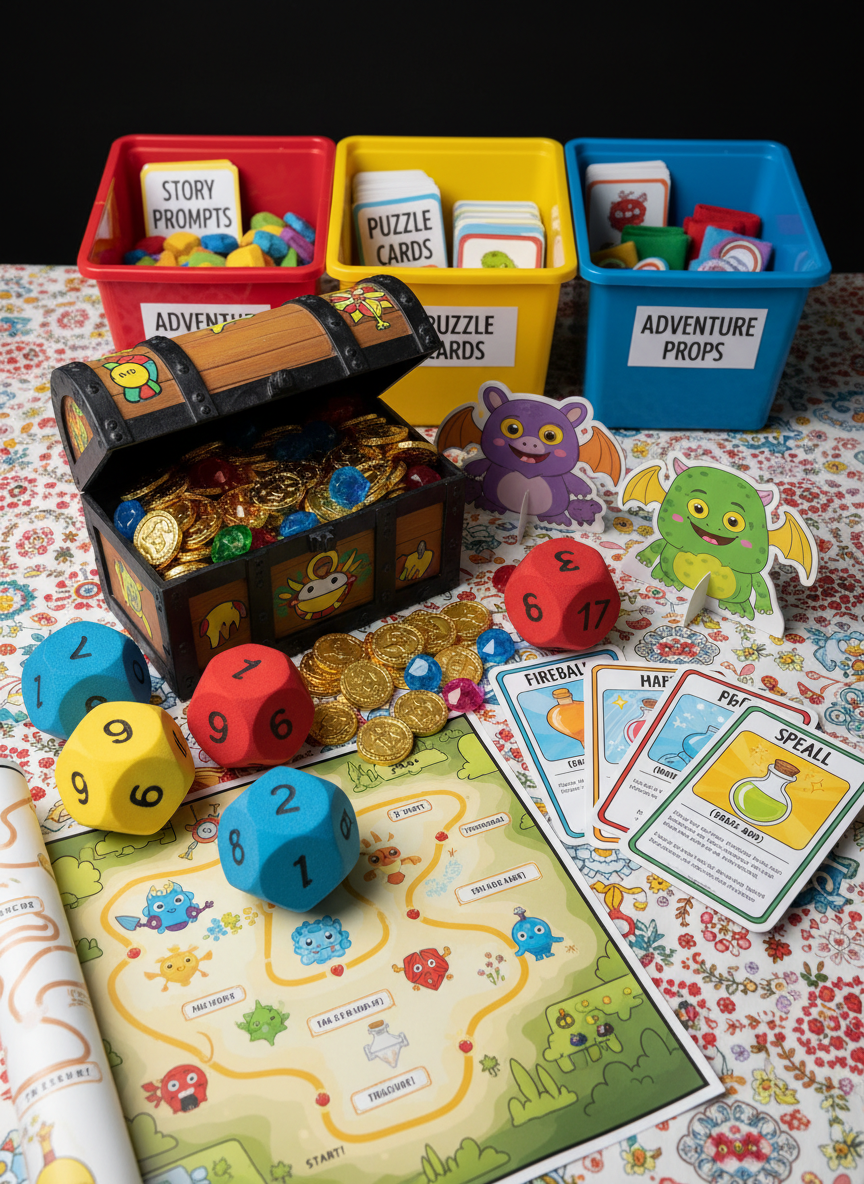 A whimsical D&D kids’ camp display arranged on a bright, colorful tabletop, featuring oversized foam polyhedral dice, simplified monster standees, illustrated spell cards with friendly artwork, and a cartoon-style dungeon map printed on thick, glossy paper. A sturdy plastic treasure chest overflowing with fake gold coins and shiny plastic gems sits at the center. The background includes labeled bins for story prompts, puzzle cards, and adventure props, all neatly organized. Soft, even studio lighting creates minimal shadows and brings out the vivid colors. Photographic realism with a slight wide-angle view, capturing the full spread in sharp focus. The mood is energetic, playful, and approachable, clearly aimed at younger adventurers participating in camps and beginner programs.